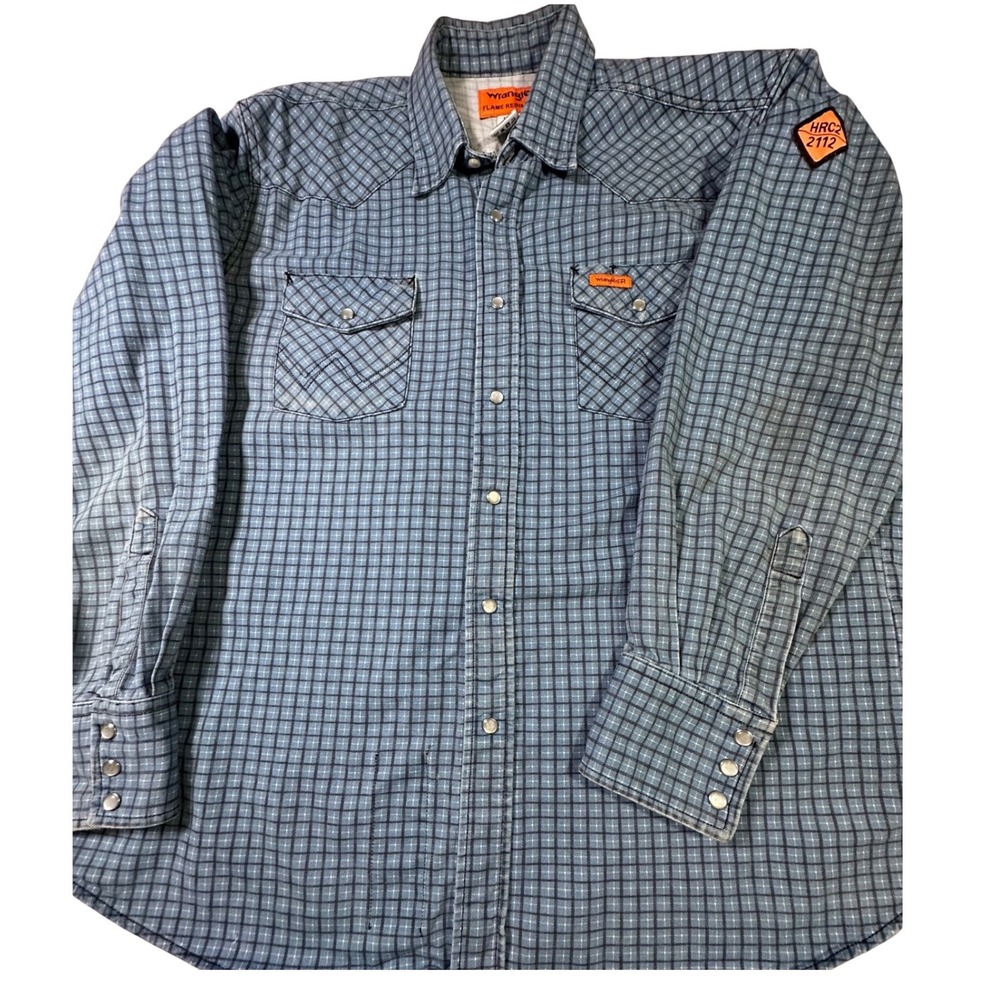 Wrangler FR Flame Resistant Plaid Pearl Snap Work Shirt Blue XL Reg work/utility